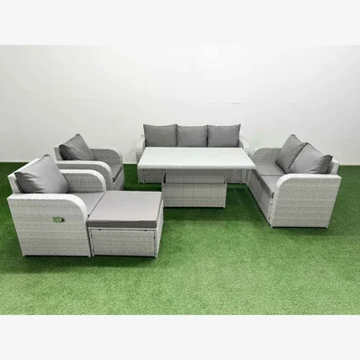 The Range Fimous PE Rattan Garden Set Reclining Chairs 3-Seater Love Seat Lifting Table Footstool Light Grey - Light Grey