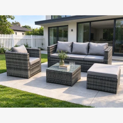 The Range Fimous Rattan Patio Set with Armchair, Coffee Table & Footstool - Dark Grey