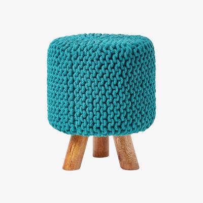 The Range Knitted Cotton Footstool with Wooden Legs - Teal Blue / 32cm