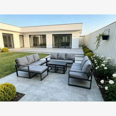 The Range Aluminium Sofa, Oblong Coffee Table, 3 Footstools, 12-Seater - Dark grey