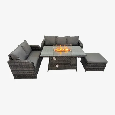 The Range Fimous Garden Rattan Fire Pit Dining Set Love Sofa 3-Seater Big Footstool Dark Grey Mixed - Dark grey mixed rattan with dark grey fabric