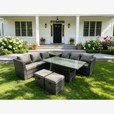 The Range Wicker Rattan Corner Sofa Rising Table Set + Footstool - Dark Grey Mixed