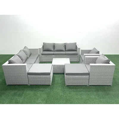 The Range Fimous 10-Seat Outdoor Rattan Sofa Set Light Grey Mixed, 2 Sofas 2 Armchairs 2 Footstools & Table - Light Grey Mixed
