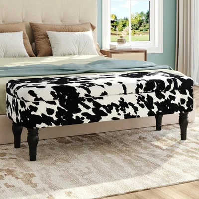 The Range Cow Print Velvet Storage Ottoman - White