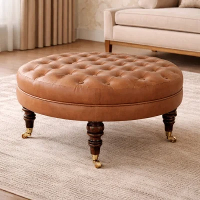 The Range Buffalo Leather Round Ottoman with Castor Legs