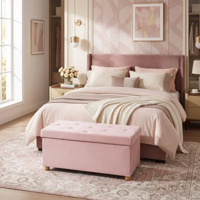 The Range HOMCOM Velvet Upholstered Foldable Ottoman Footrest with Wood Legs - Pink