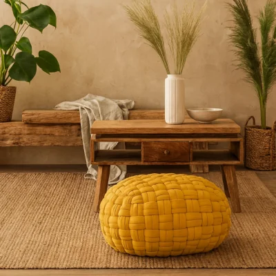 The Range Lucca Mustard Cotton Woven Pouffe Oval - Yellow