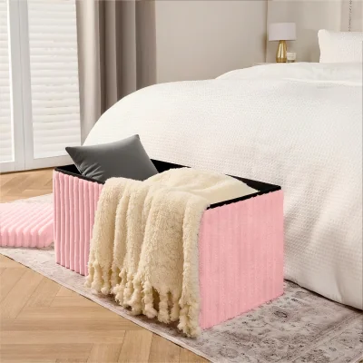 The Range Faux Fur Ribbed Ottoman Storage Rectangle  - Pink