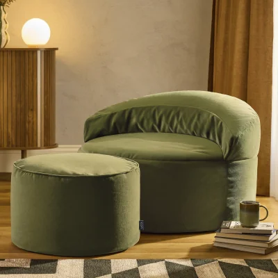 The Range icon Orb Accent Chair and Milano Round Footstool Matt Velvet, Olive - Olive