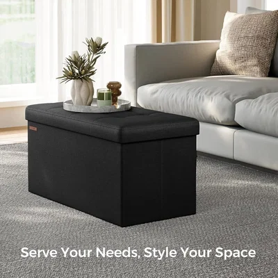 The Range Storage Ottoman Footstool, Foldable Linen-Look Fabric Storage Bench, 76 cm - Ink Black