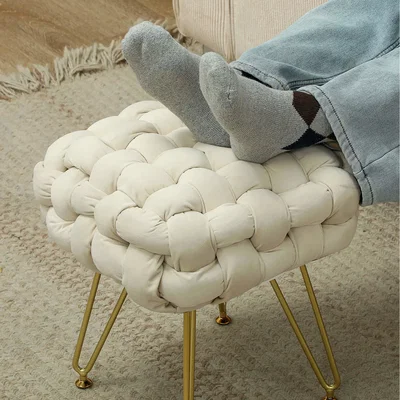 The Range Velvet-Feel Bold Woven Footstool - white