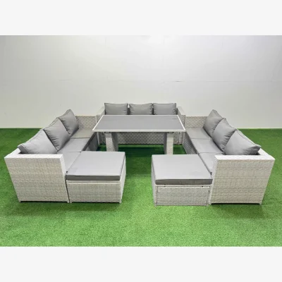 The Range Fimous Patio Rattan Set with Black Tempered Glass Table, 3 Sofas & 2 Footstools, Light Grey. - Light Grey Mixed