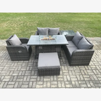 The Range Fimous 6-Seater Patio Rattan Set with Gas Fire Pit Table, Reclining Chairs & Footstool Dark Grey. - Dark Grey