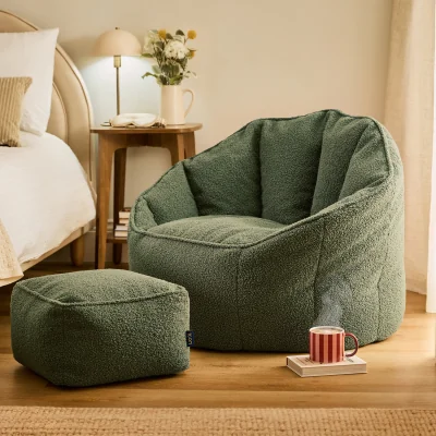 The Range icon Boucle Sirena Accent Chair and Footstool Bundle, Olive - Olive
