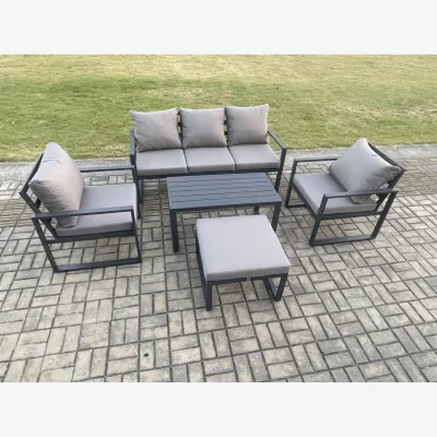 The Range Fimous 6-Seater Aluminium Patio Outdoor Furniture Set with Coffee Table and Footstool Dark Grey - Dark grey powder coated with dark grey fabric