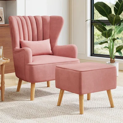 The Range Fabric Upholstered Armchair and Footstool - Pink