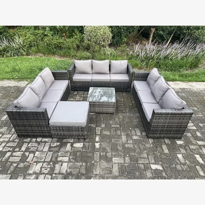 The Range Fimous 10-Seater Rattan Lounge Set with Coffee Table & Footstool - Dark Grey