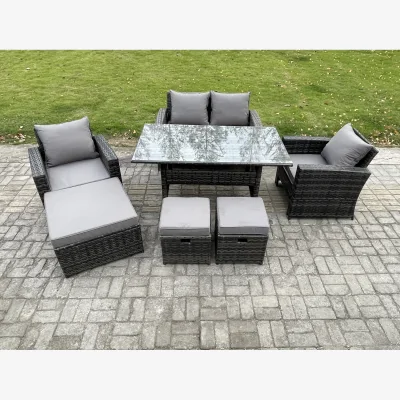 The Range Fimous 7 Seater PE Wicker Outdoor Garden Furniture Set with Rectangular Table and 3 Footstools. - Dark grey mixed rattan with dark grey fabric
