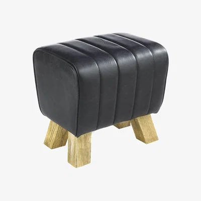 The Range Genuine Black Leather Footstool Pouffe - Black