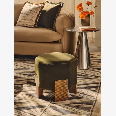 Soho Home Alvin Footstool, Velvet, Olive, UK