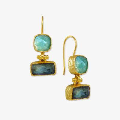 Wolf & Badger Women's Gold / Blue / Grey Nerissa Labradorite & Chalcedony Drop Earrings | Ottoman Hands
