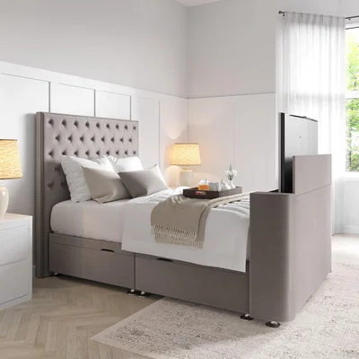 Furniture123 King Size TV Bed in Mink Brown Velvet with Chesterfield Headboard - Avery