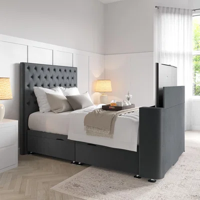 Furniture123 King Size TV Bed in Grey Velvet with Chesterfield Headboard - Avery