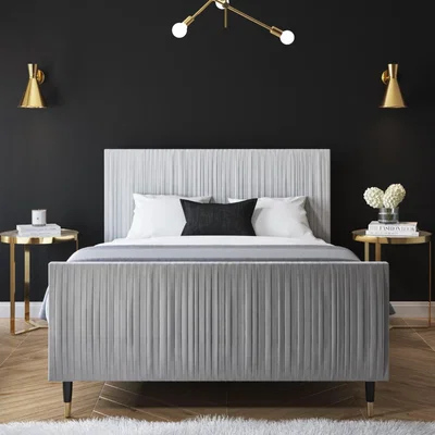 Furniture123 Light Grey Pleated Velvet King Size Bed Frame with Wooden Legs - Jasmine