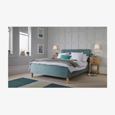 Furniture123 LPD Blue Velvet King Size Bed Frame with Light Wooden Legs  - Pierre