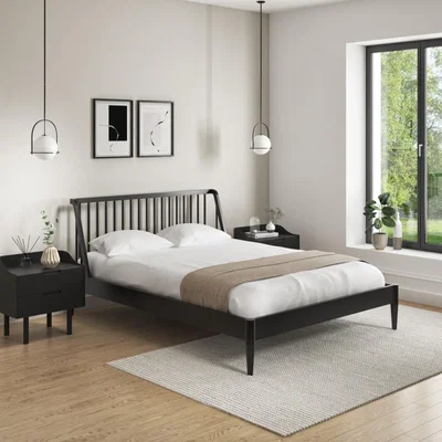 Furniture123 Black Wooden Spindle Mid Century King Size Bed Frame - Saskia