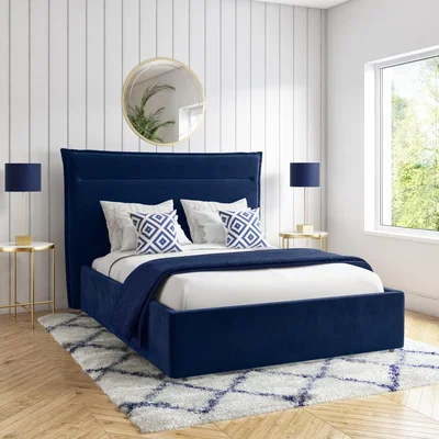 Furniture123 Maddox Navy Blue Velvet King Size Bed Frame with Cushioned Headboard