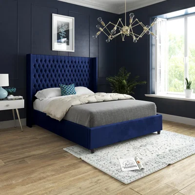 The Range Volta Straight Winged Upholstered Soft Velvet Bed Frame - Blue / King