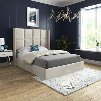 The Range Quanta Straight Winged Upholstered Soft Velvet Bed Frame - Cream / King