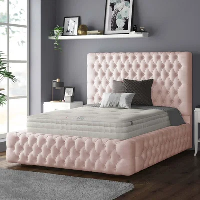 The Range Royal Cushioned Chesterfield Plush Velvet Bed Frame 10 Inch Border - Pink / King