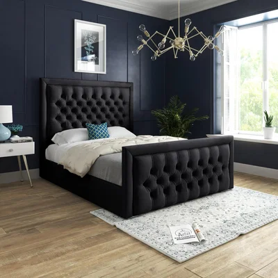 The Range Kingston Upholstered Soft Velvet Fabric Buttons Bed   - Black / King