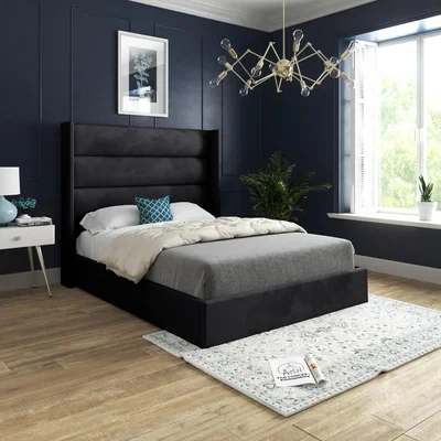 The Range Nuno Straight Winged Upholstered Soft Velvet Bed Frame - Black / King
