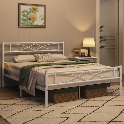 The Range Metal Bed Frame with Curved Design Headboard and Footboard - White / King