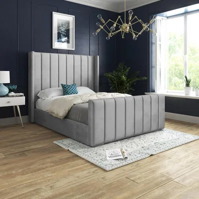 The Range Oxford Panel Lined Upholstered Soft Velvet Bed  - Grey / King