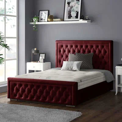 The Range Sandringham Bordered Chesterfield Plush Velvet Bed Frame with Diamonds - Burgundy / King