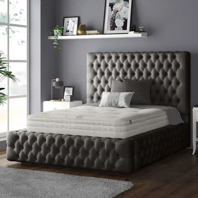The Range Royal Cushioned Chesterfield Plush Velvet Bed Frame 5 Inch Border - Grey / King