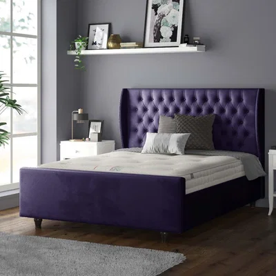 The Range Aurora Chesterfield Wing Plush Velvet Bed Frame with Matching Buttons - Plum / King