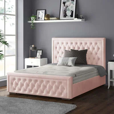 The Range Sandringham Bordered Chesterfield Plush Velvet Bed Frame with Diamonds - Pink / King