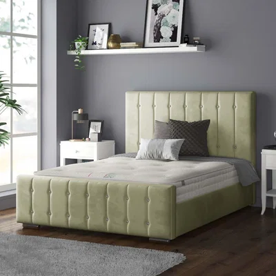 The Range Anastasia Striped Plush Velvet Bed Frame with Diamonds - Light Green / King