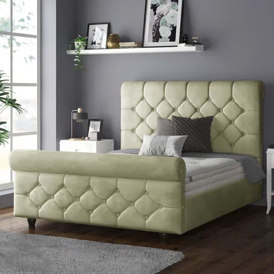 The Range Jasmine Velvet Chesterfield Sleigh Plush Velvet Bed Frame - Light Green / King