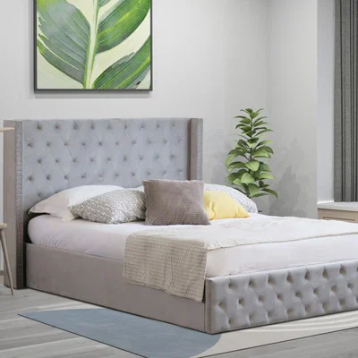 The Range Winged Plush Velvet Fabric Ottoman Gas Lift Up Storage Bed Frame with Headboard - Light Grey / King