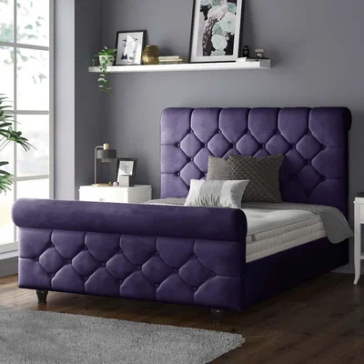The Range Jasmine Velvet Chesterfield Sleigh Plush Velvet Bed Frame - Plum / King