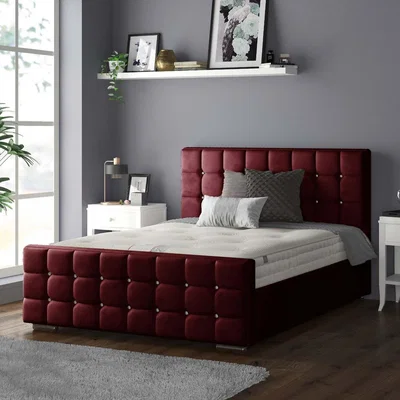 The Range Cube Chesterfield Plush Velvet Bed Frame with Diamonds - Burgundy / King