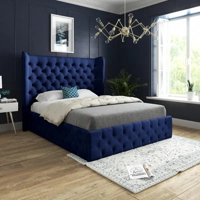 The Range Florence Wide Winged Upholstered Soft Velvet Bed Frame - Blue / King