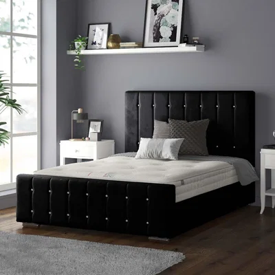 The Range Anastasia Striped Plush Velvet Bed Frame with Diamonds - Black / King