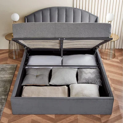 The Range Storage Ottoman King Size Bed - Curved Plush Winged Headboard with Brushed Velvet - Grey - Gas-Assisted Lift, No Mattress Included